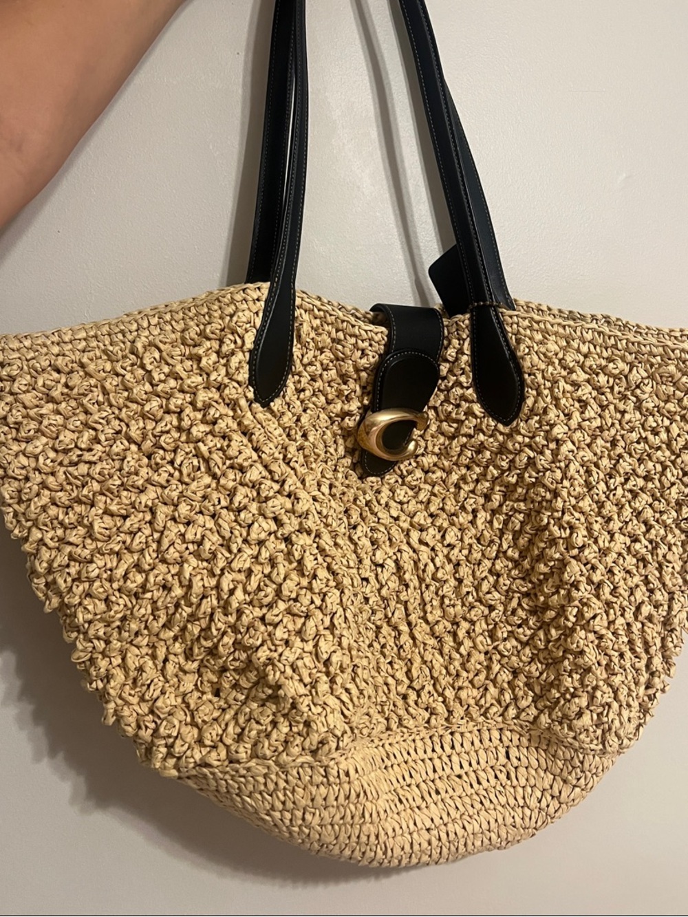 Coach Straw Woven Tote Bag with Black Leathery Handles
